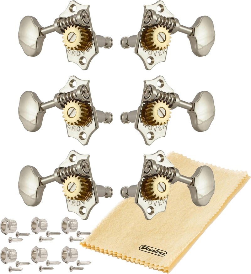 Tonebird Grover V97-18NA STA-TITE 18:1 Open Gear Guitar Tuners Vintage Style Nickel Tuning Machines 3+3 with Butter Bean Button For Solid (Vertical) Headstock with Dunlop Polish Cloth Bundle - Image 1